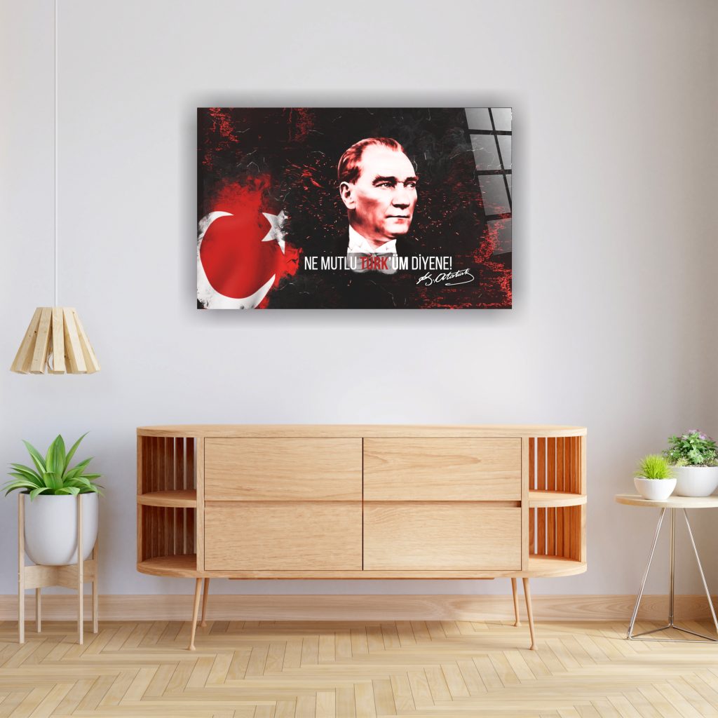 Atatürk Portre Bayrak Cam Tablo – Çerçevesiz UV Baskı - Model 13 - Görsel 2