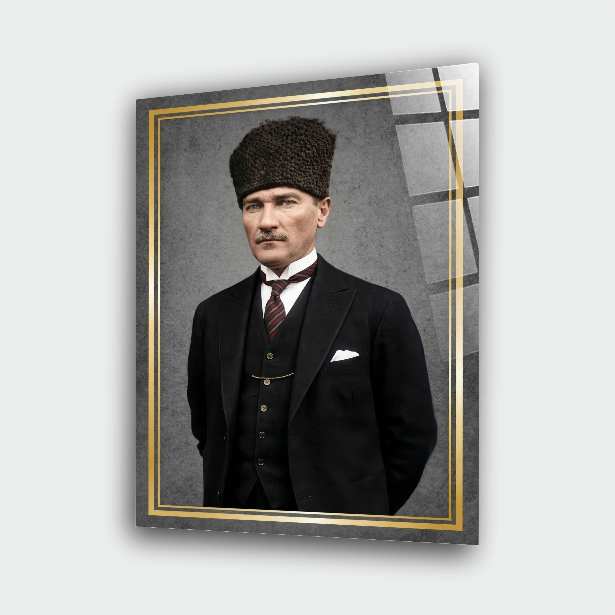 Atatürk Portre Bayrak Cam Tablo – Çerçevesiz UV Baskı - Model 5