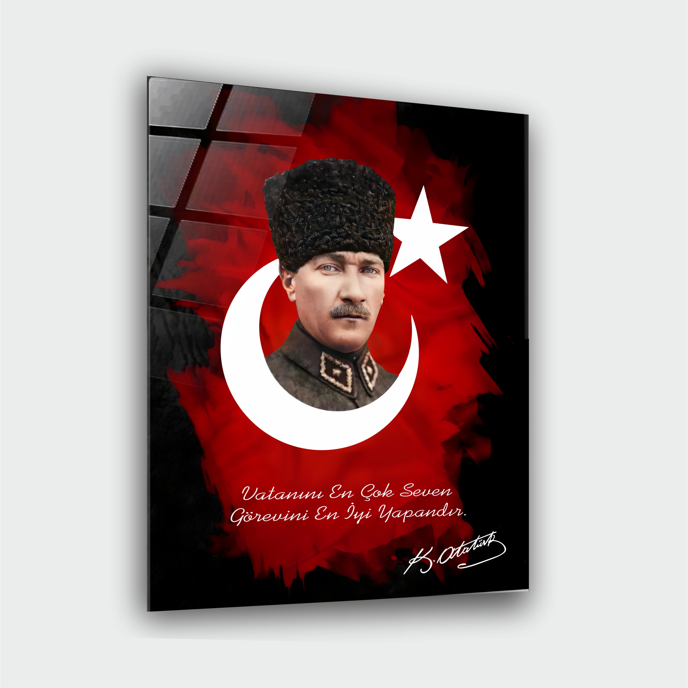 Atatürk Portre Bayrak Cam Tablo – Çerçevesiz UV Baskı - Model 2