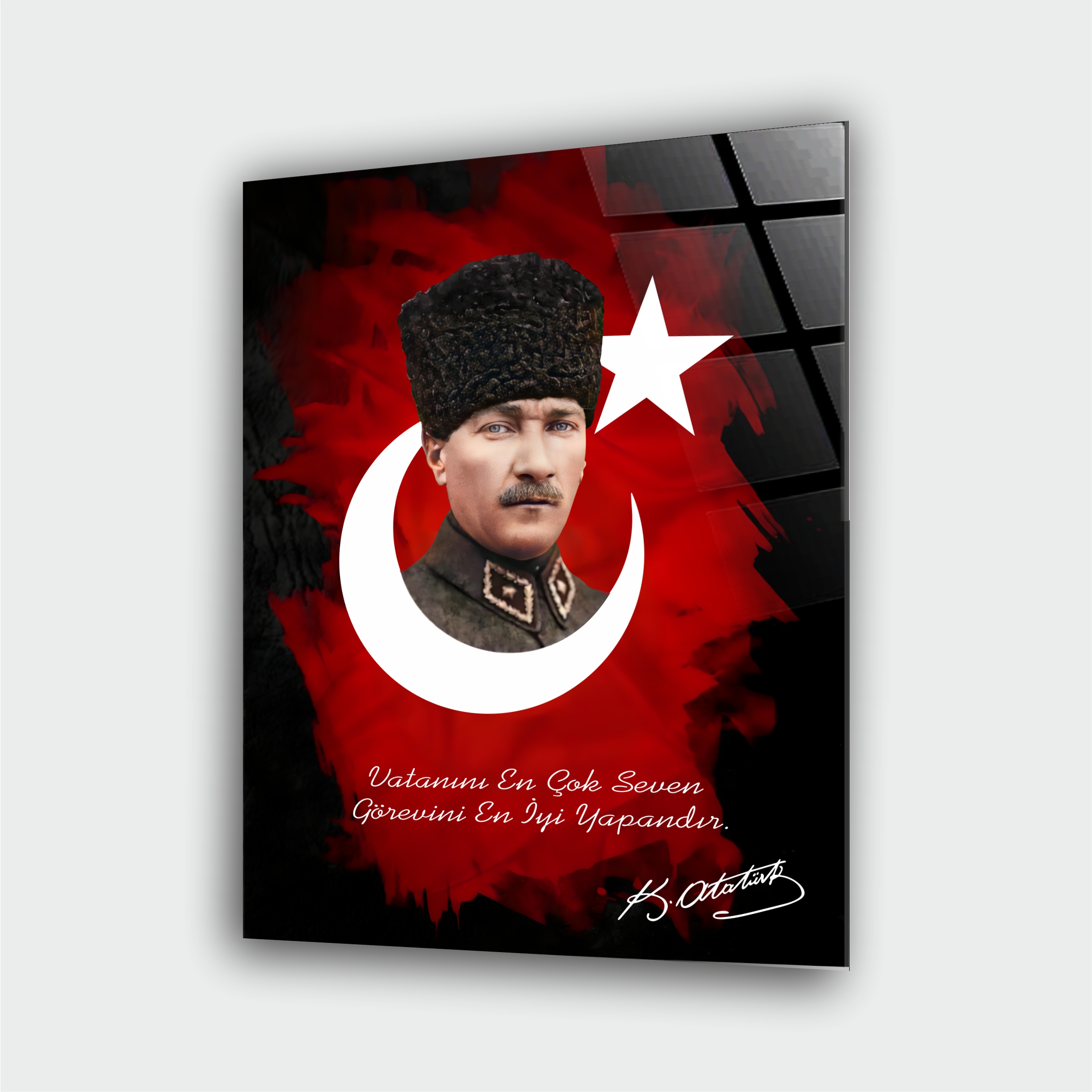 Atatürk Portre Bayrak Cam Tablo – Çerçevesiz UV Baskı - Model 2 - Görsel 2