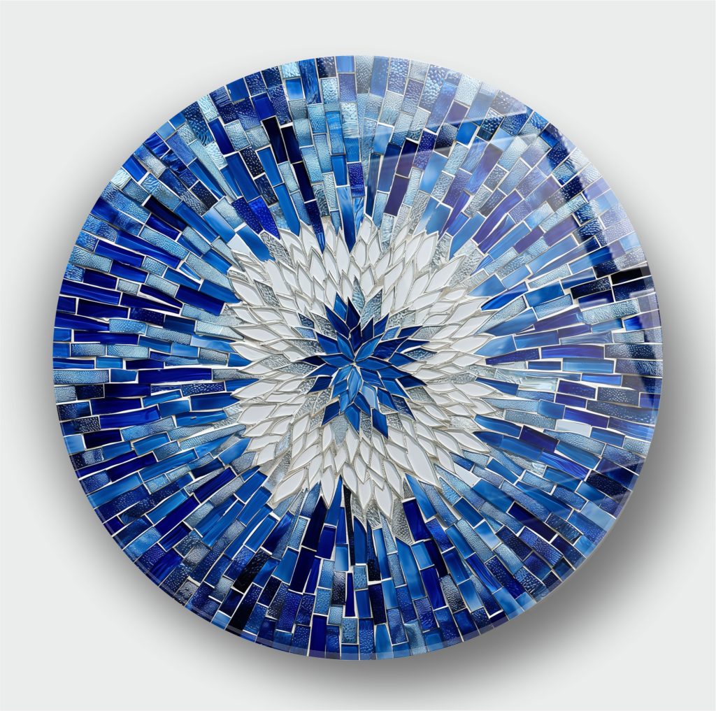 Mavi ve Beyaz Mozaik Çiçeği Cam Tablo