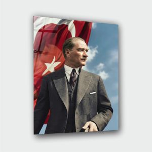 Mustafa Kemal Atatürk Gökyüzü Bayrak Cam Tablo